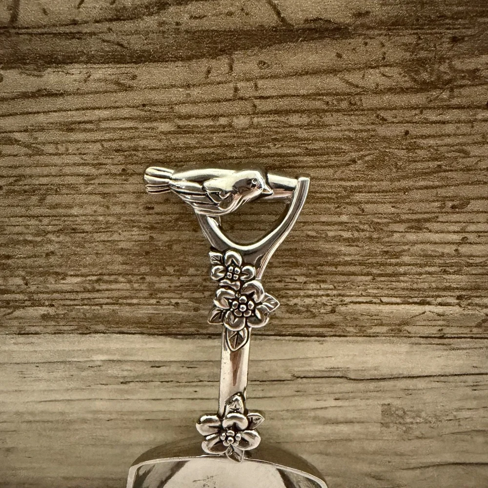 Silver Tone Garden Spade Shovel Spoon Bird and Flower Detail Novelty Server 4.5